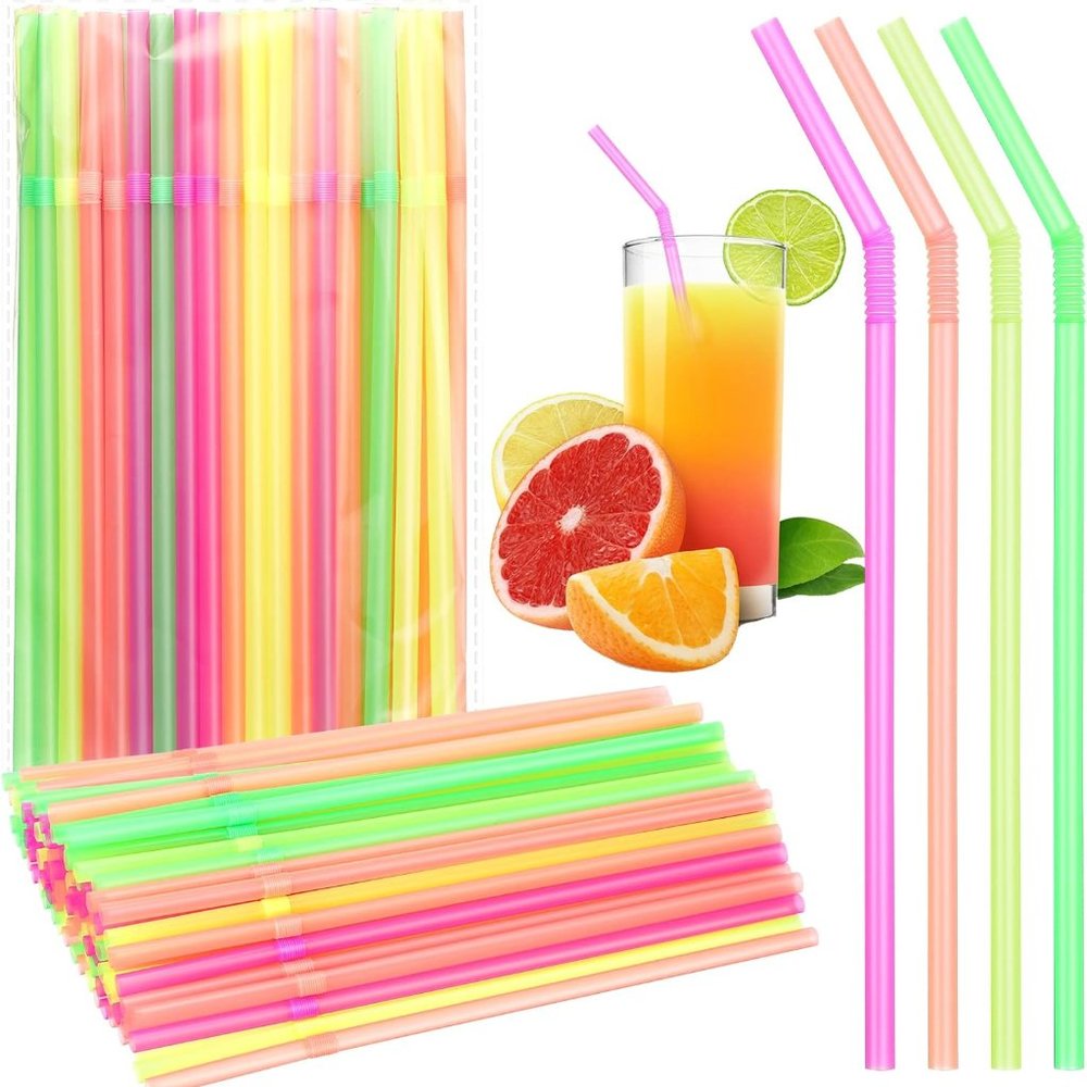 Multicolor Long Flexible Disposable Plastic Drinking Straws 200 Pc
